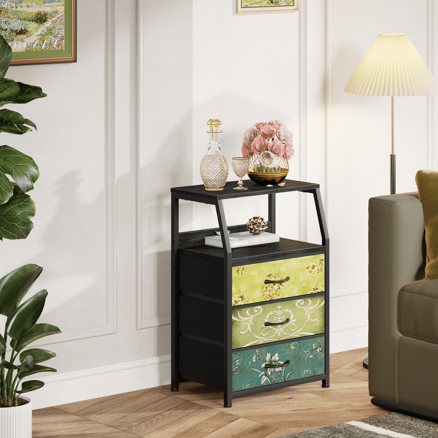 Satifur 3-Drawer Nightstand,Bedside Fabric Dresser Storage Chest of Drawers,Retro Flower