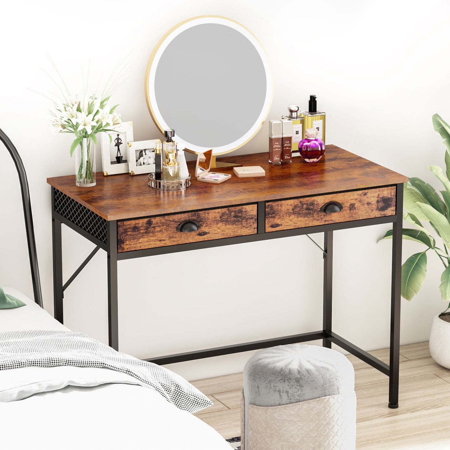 Furologee Computer Desk Home Office Writing Desk with 2 Fabric Drawers, Rustic Brown