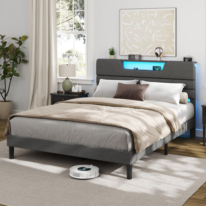 Tydimor Dark Gray Bed Frame with Charge Station, Queen Size Bed Frame with LED Lights & Upholstered Headboard, No Box Spring Needed, Linen Fabric