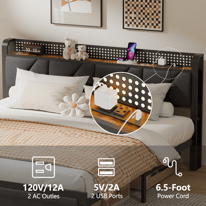 Tydimor Full Size Metal Smart Bed Frames with Upholstered Headboard, LED Lights, USB Ports and Outlets, Storage Shelves & Underbed
