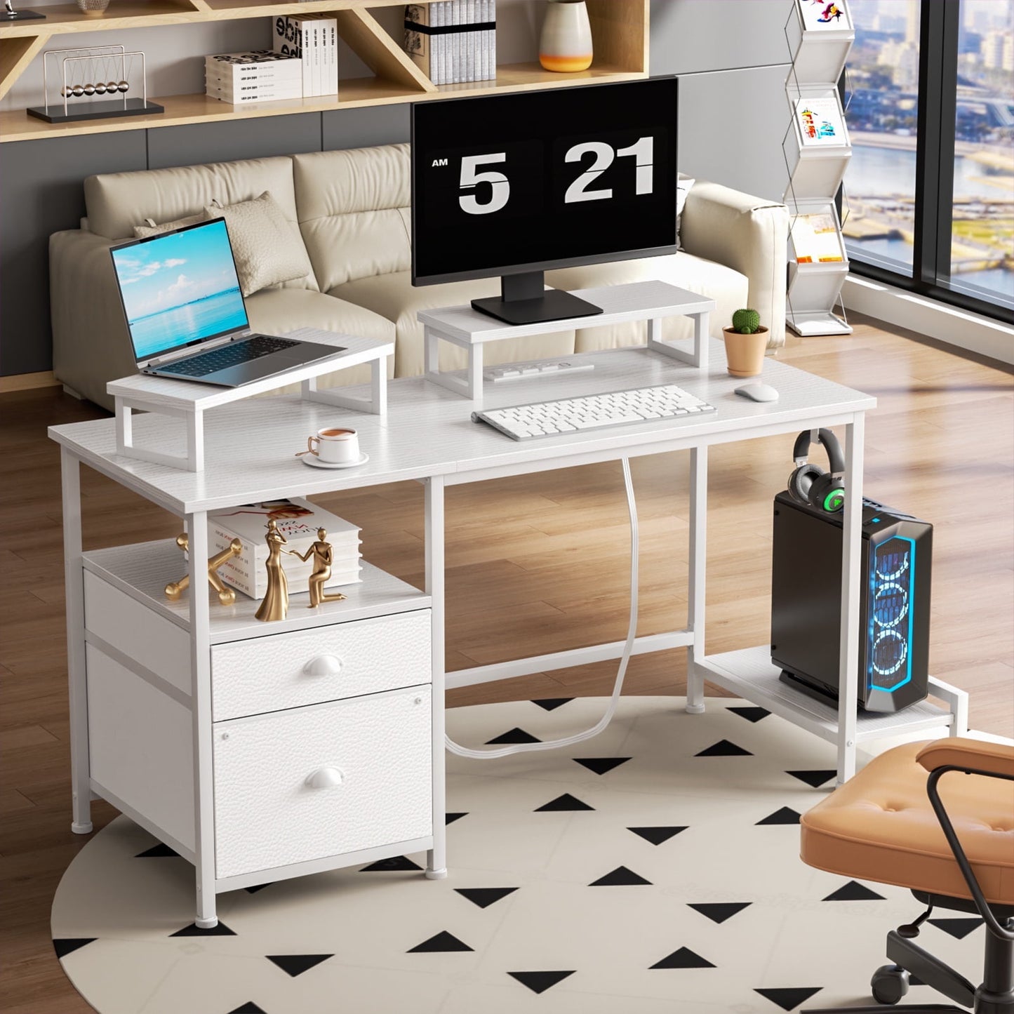 Hexmn Corner Desk with Outlets & Adjustable Shelves for Office Writing,White