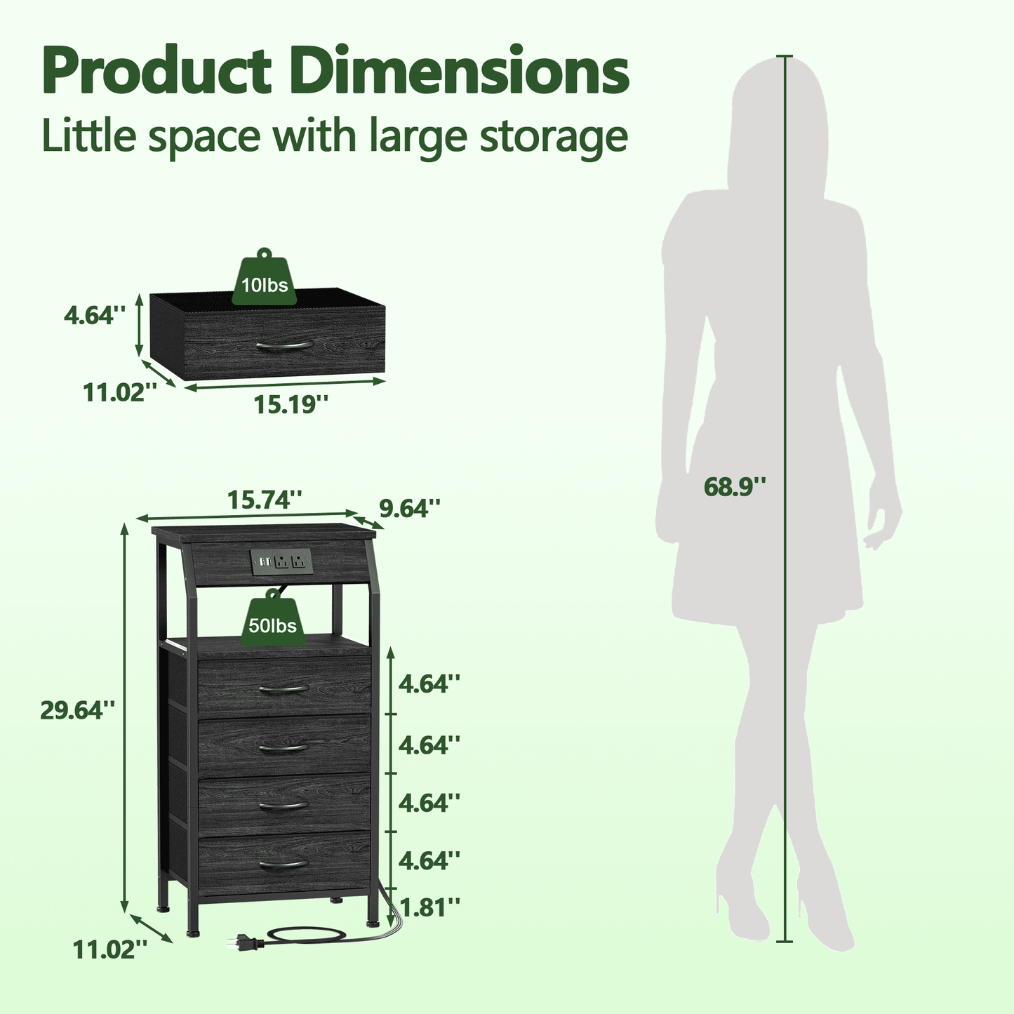 TYDIMOR Small Dresser for Bedroom, 4 Drawer with Charging Station, Black, Ideal for Adults