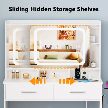 Tydimor Vanity Set with Sliding Mirror & Lights, Women Dressing Table with Outlets, Makeup Vanity Desk with Drawers & Stool