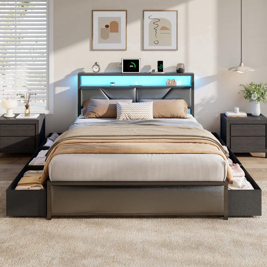 Satifur Full Bed Frame with 6 Storage Drawers, Metal Platform Bed Frame with 2-Tier Upholstered Storage Headboard & LED, Built in Charging Station, Noise-Free, No Box Spring Needed, Black
