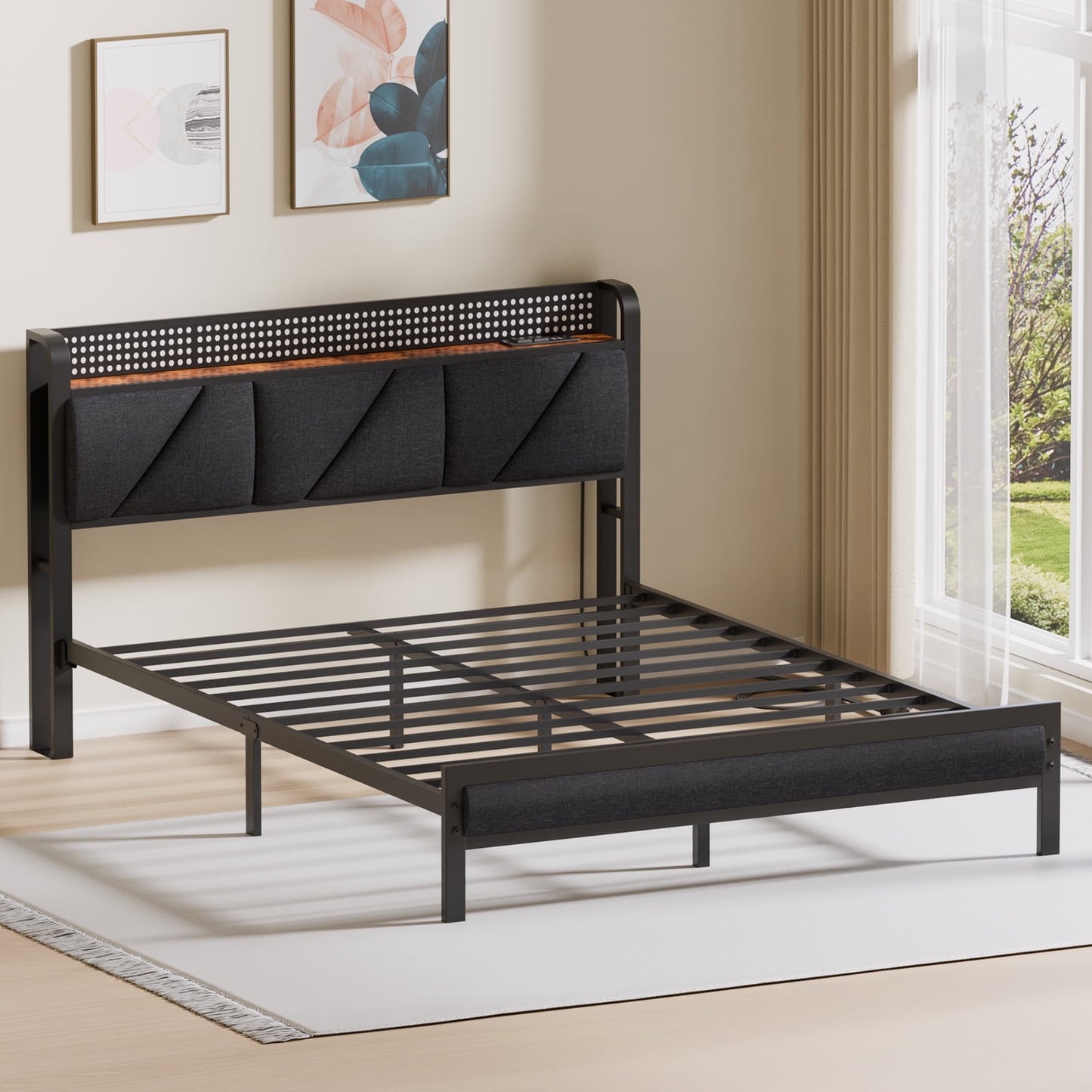 Hexmn Queen Size Metal Smart Bed Frame with Upholstered Headboard, LED Lights, USB Ports and Outlets, Storage Shelves & Underbed