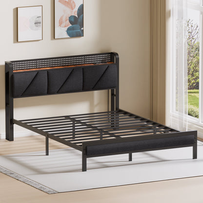 Hexmn Queen Size Metal Smart Bed Frame with Upholstered Headboard, LED Lights, USB Ports and Outlets, Storage Shelves & Underbed