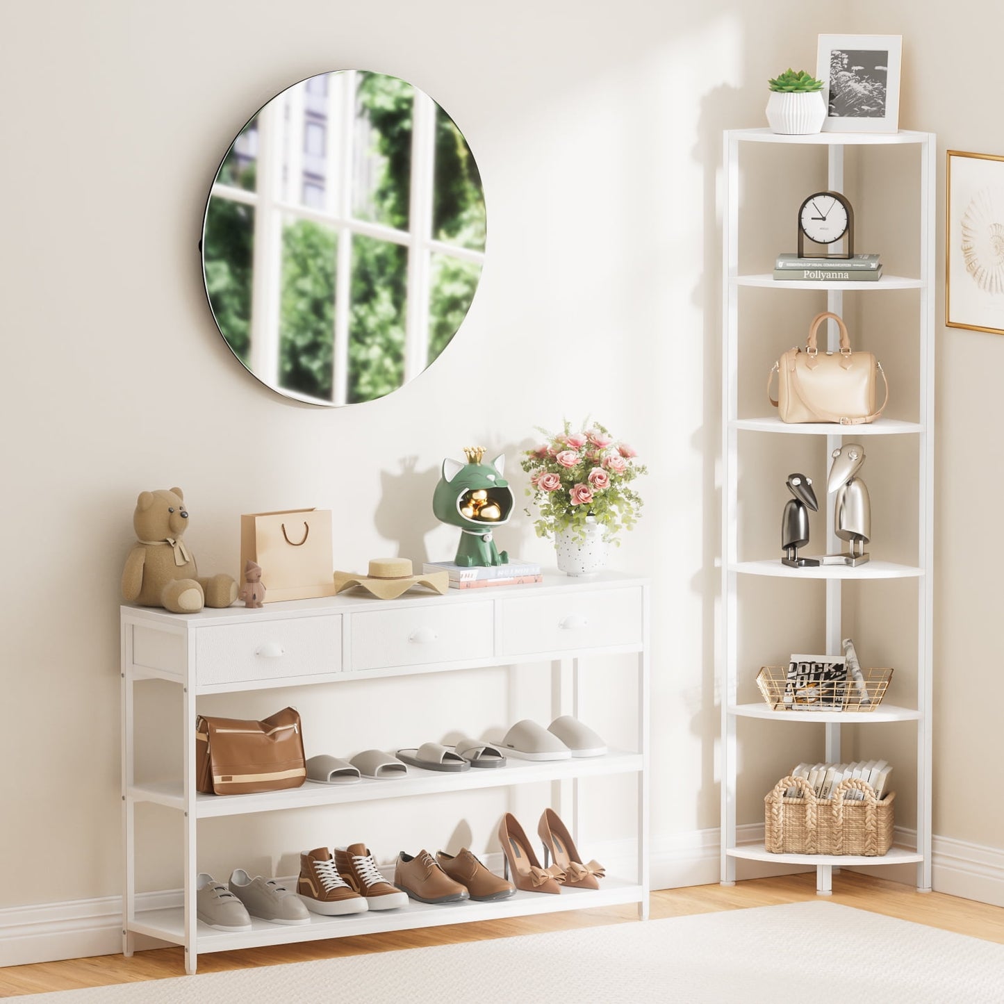 Satifur Corner Shelf Bookcase with LED Light Strip, 6-Tier Corner Bookshelf for Living Room,Bedroom,White