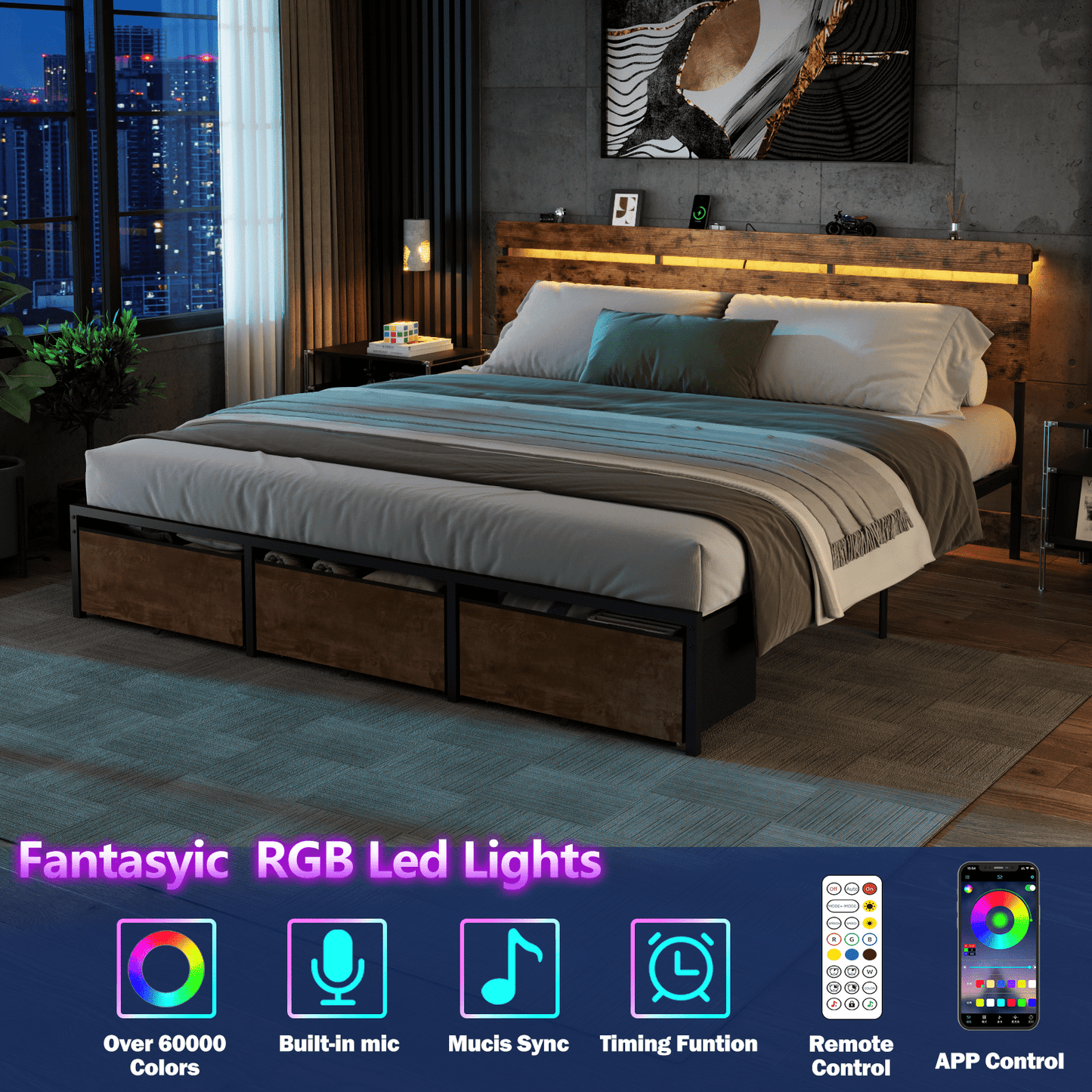 Tydimor King Size Bed Frame with 3 Drawers & LED Lights & Charging Station, Beds with Headboard & 10.10" Under Bed Storage, No Box Spring Needed, Easy Assembly, Rustic Brown