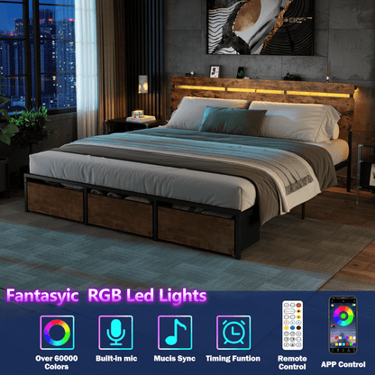 Tydimor King Size Bed Frame with 3 Drawers & LED Lights & Charging Station, Beds with Headboard & 10.10" Under Bed Storage, No Box Spring Needed, Easy Assembly, Rustic Brown
