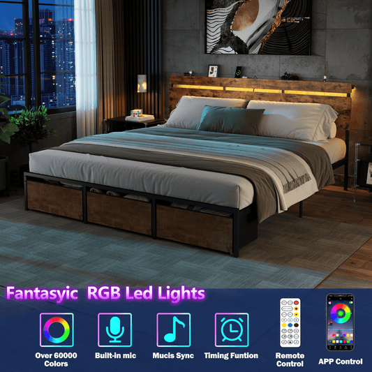 Tydimor King Size Bed Frame with 3 Drawers & LED Lights & Charging Station, Beds with Headboard & 10.10" Under Bed Storage, No Box Spring Needed, Easy Assembly, Rustic Brown