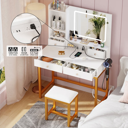 Satifur Lighted Makeup Vanity Set, Women Dressing Table with Outlets, Vanity Desk with Drawers & Stool