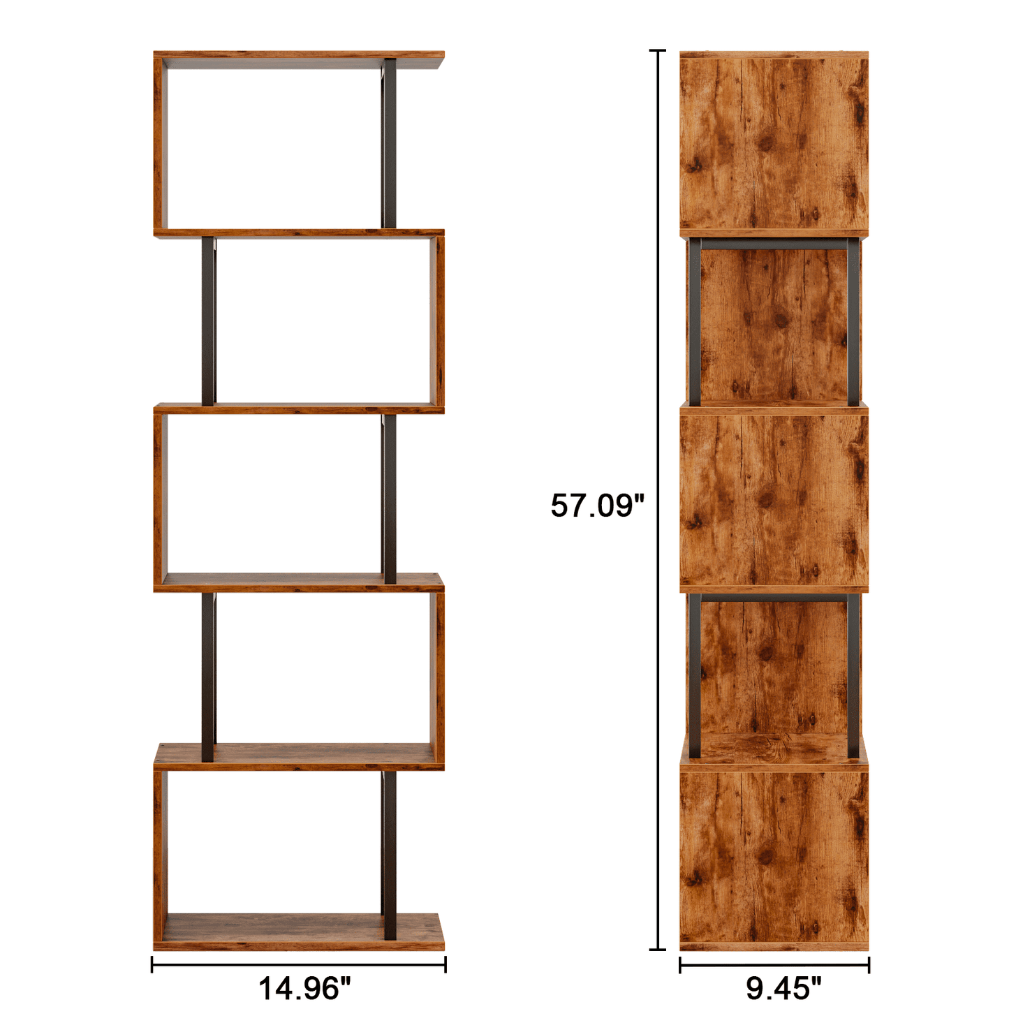Satifur 5-Tier S-Shaped Geometric Bookcase, Industrial Freestanding Storage Shelving Unit,Rustic Brown