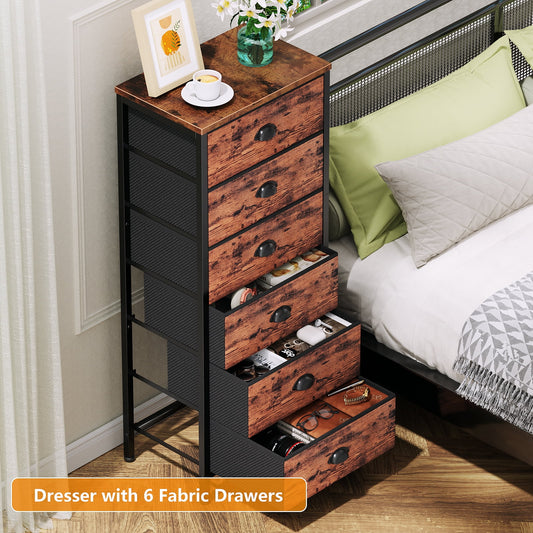 Tydimor 6 Drawer Dresser,Chest of Drawers for Bedroom Tall Fabric Dresser,Rustic Brown
