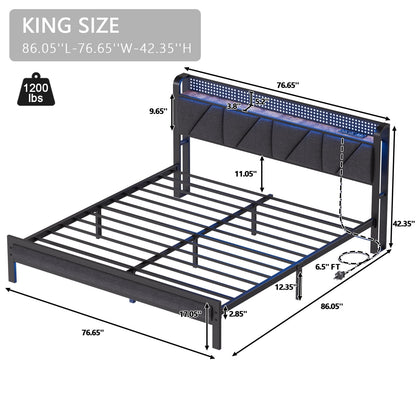 Hexmn King Size Metal Smart Bed Frame with Upholstered Headboard, LED Lights, USB Ports and Outlets, Storage Shelves & Underbed