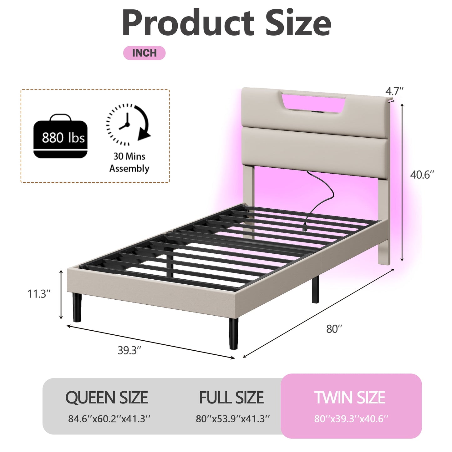 Satifur Beige Fine Linen Fabric Bed Frame with Upholstered Headboard & Charge Station, Twin Size Bed Frame with LED Lights, No Box Spring Needed