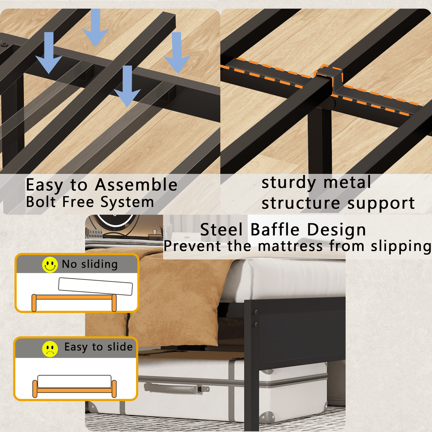 Hexmn Upholstered Underbed Storage Bed with Charging Station£¬LED Queen Size Bed Frame with Storage Shelves, Niose Free