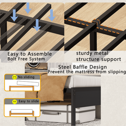 Hexmn Upholstered Underbed Storage Bed with Charging Station£¬LED Queen Size Bed Frame with Storage Shelves, Niose Free