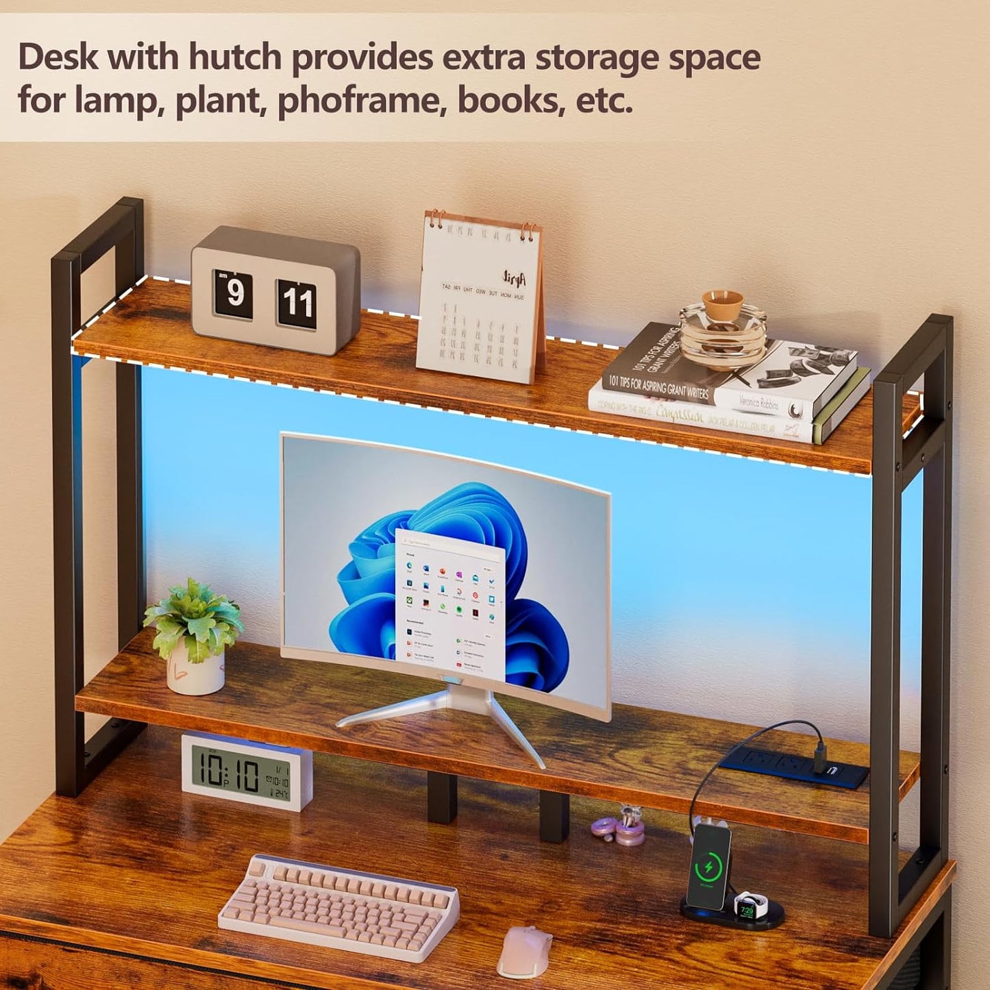 Furologee Small Computer Desk with Power Outlet and 2 Fabric Drawers, Gaming Desk with Light, Home Office Desk with Monitor Stand and Hutch, Study Table with Shelf Rustic Brown