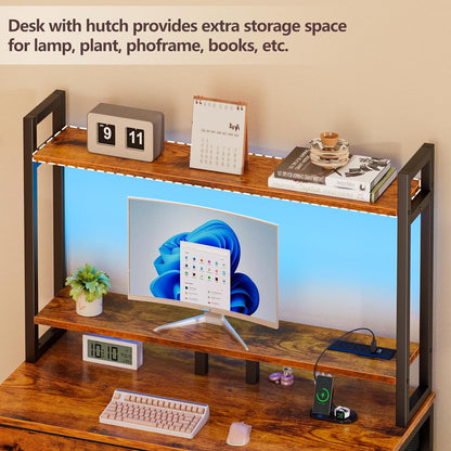 Furologee Small Computer Desk with Power Outlet and 2 Fabric Drawers, Gaming Desk with Light, Home Office Desk with Monitor Stand and Hutch, Study Table with Shelf Rustic Brown