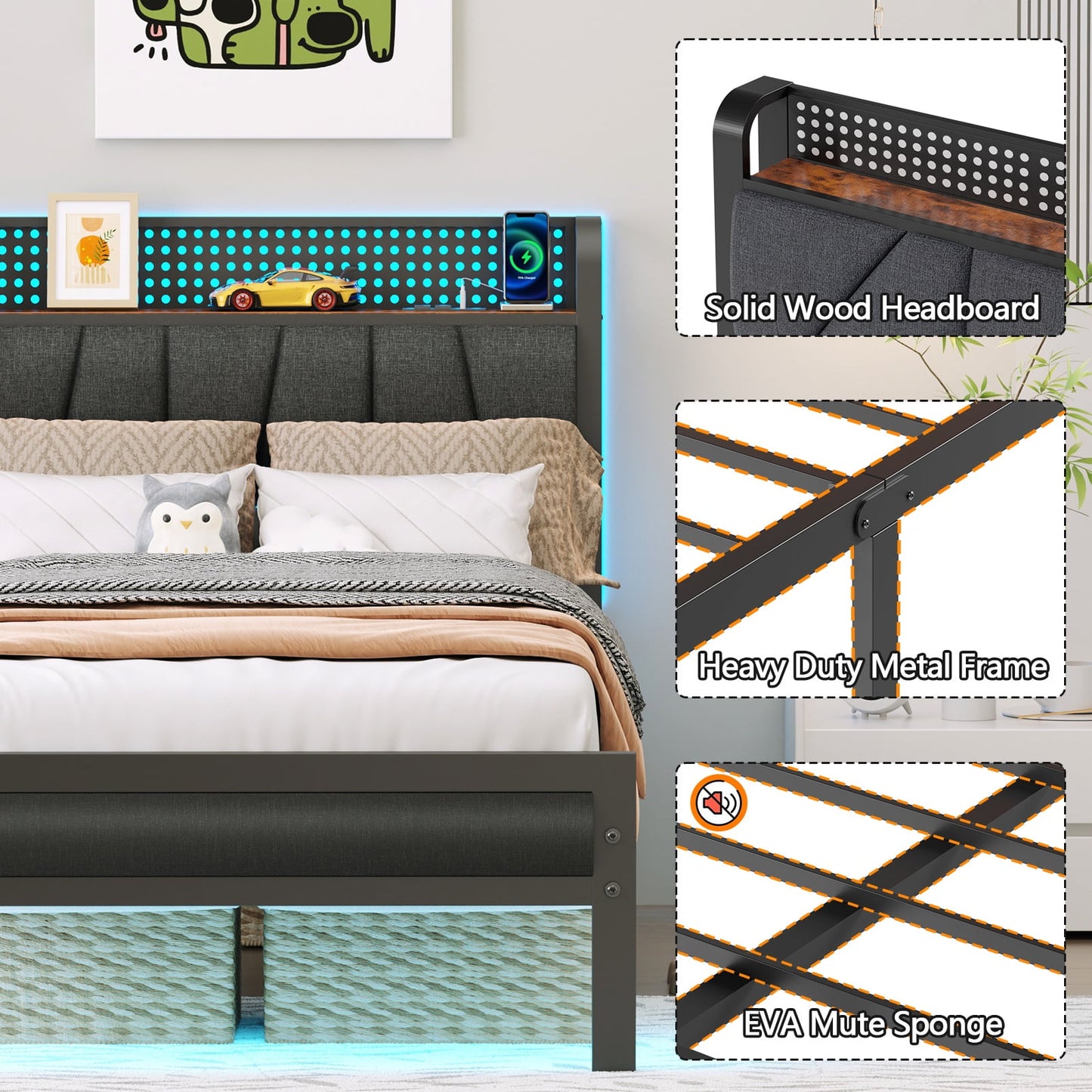Tydimor Twin Size Metal Smart Bed Frames with Upholstered Headboard, LED Lights, USB Ports and Outlets, Storage Shelves & Underbed
