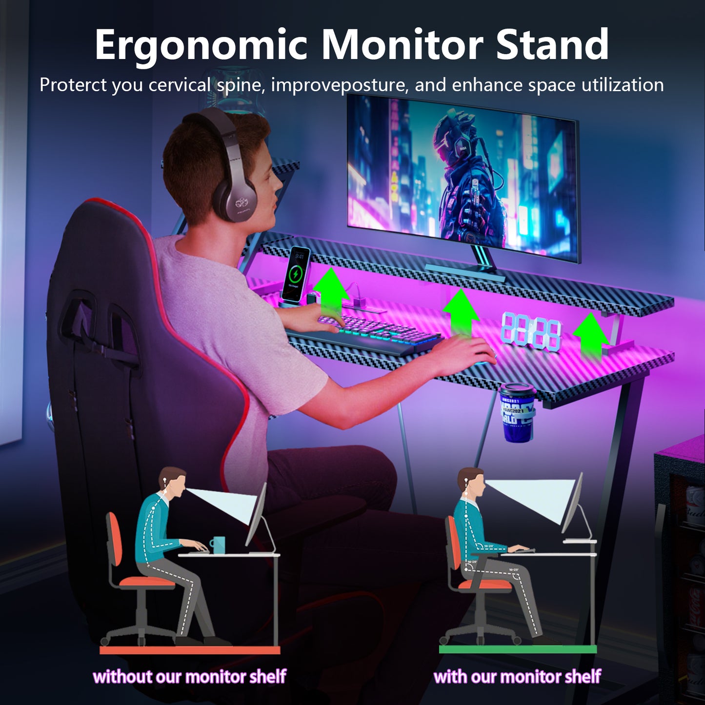 Satifur 55" Carbon Fiber Gaming Desk L-Shaped Computer Desk, RGB Lights & Power Outlets, Black