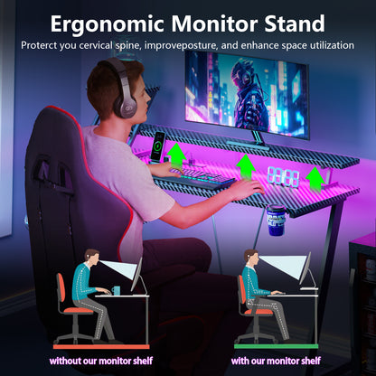 Satifur 55" Carbon Fiber Gaming Desk L-Shaped Computer Desk, RGB Lights & Power Outlets, Black