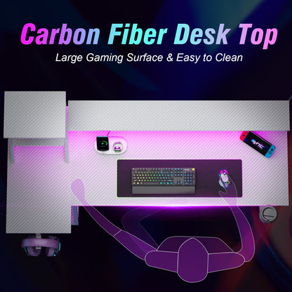 Satifur 55" Carbon Fiber Gaming Desk L-Shaped Computer Desk, RGB Lights & Power Outlets, White