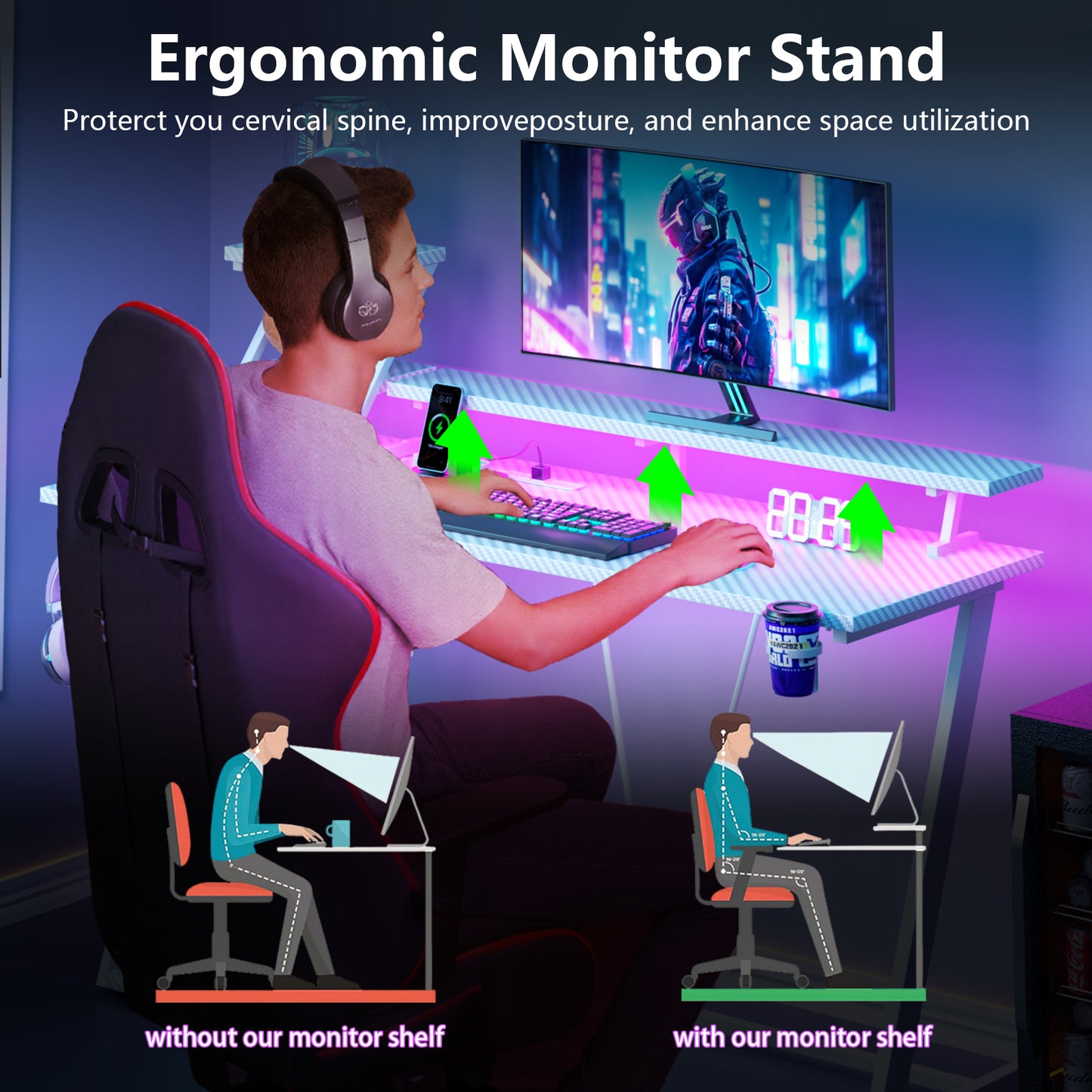 Satifur 55" Carbon Fiber Gaming Desk L-Shaped Computer Desk, RGB Lights & Power Outlets, White