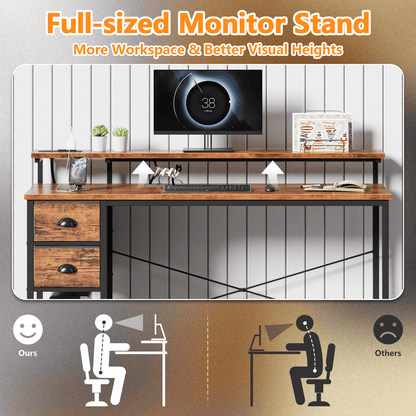 Satifur Computer Desk with Power Outlets & LED Lights, Home Office Desk with 2 Drawers, LED Change Colors Standing Gaming Desk, Rustic Brown