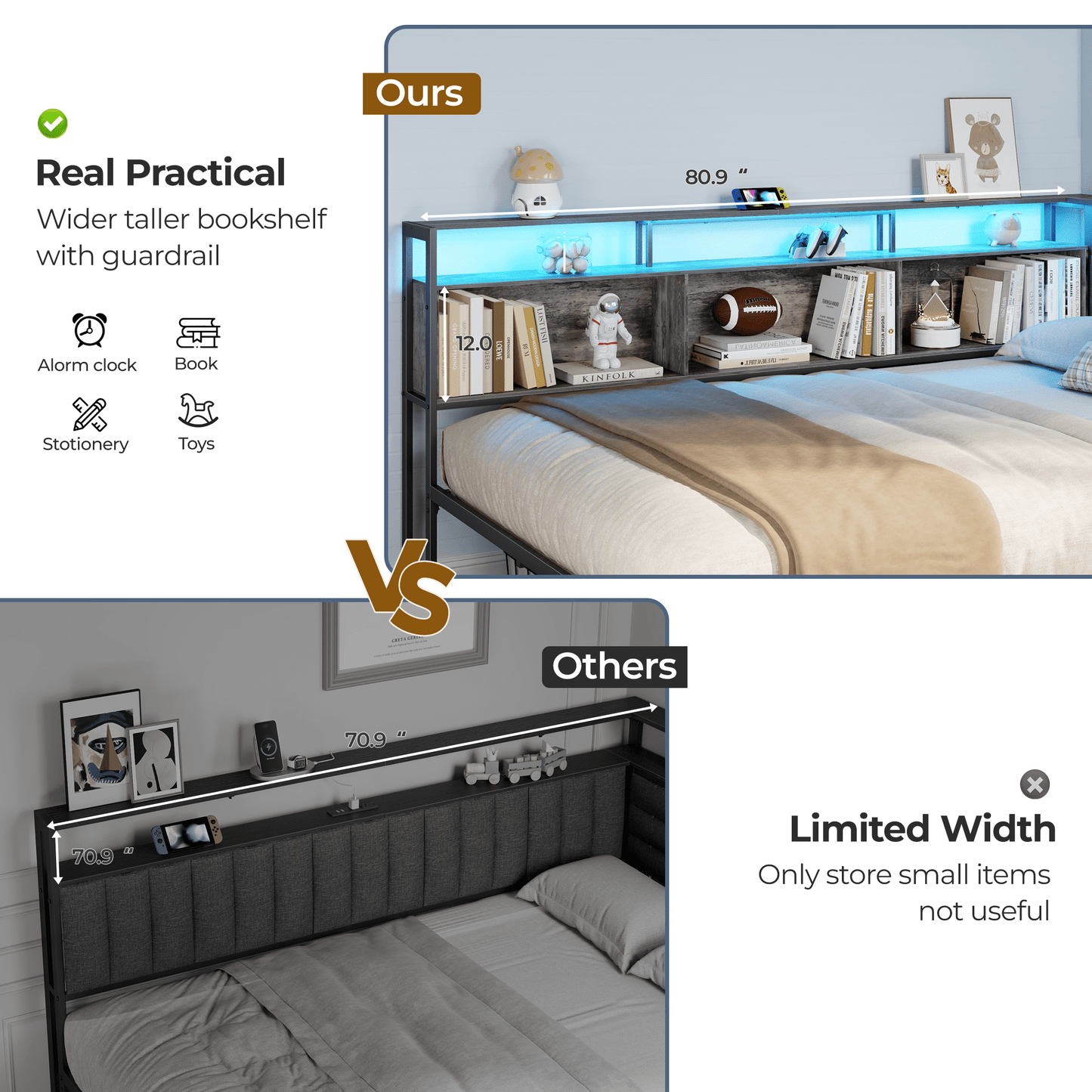Tydimor L-Shaped Corner Bed Frame with 3 Storage Drawers, 3 Cubbies & Double-Layer Shelf, LED Lights & Power Outlet, Corner Full Beds for Living Room, Bedroom and Guest, Grey Oak