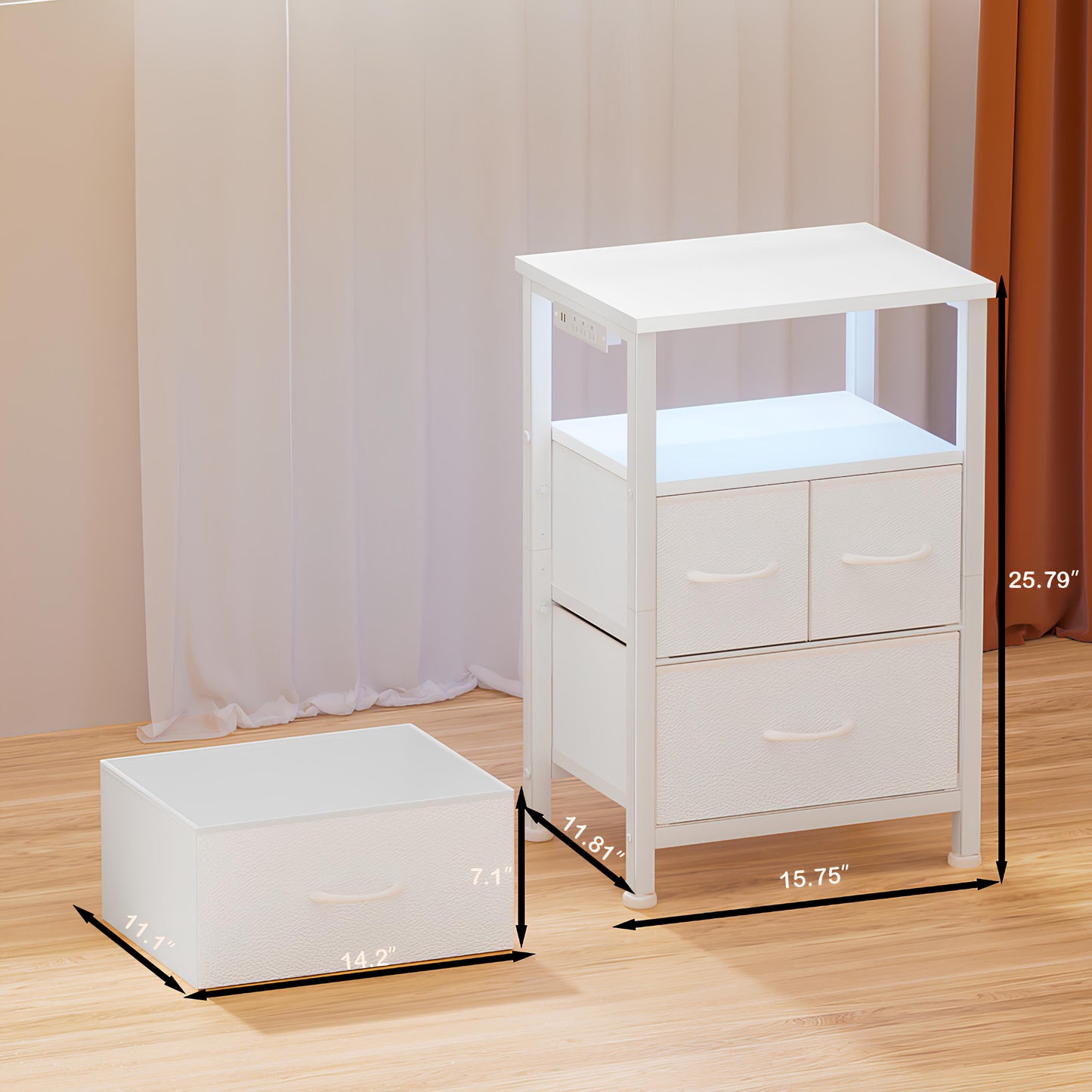 TYDIMOR Nightstand Bedside Table with Charging Station, 3 Drawer Dresser for Bedroom Furniture, White, Modern Style, Adults