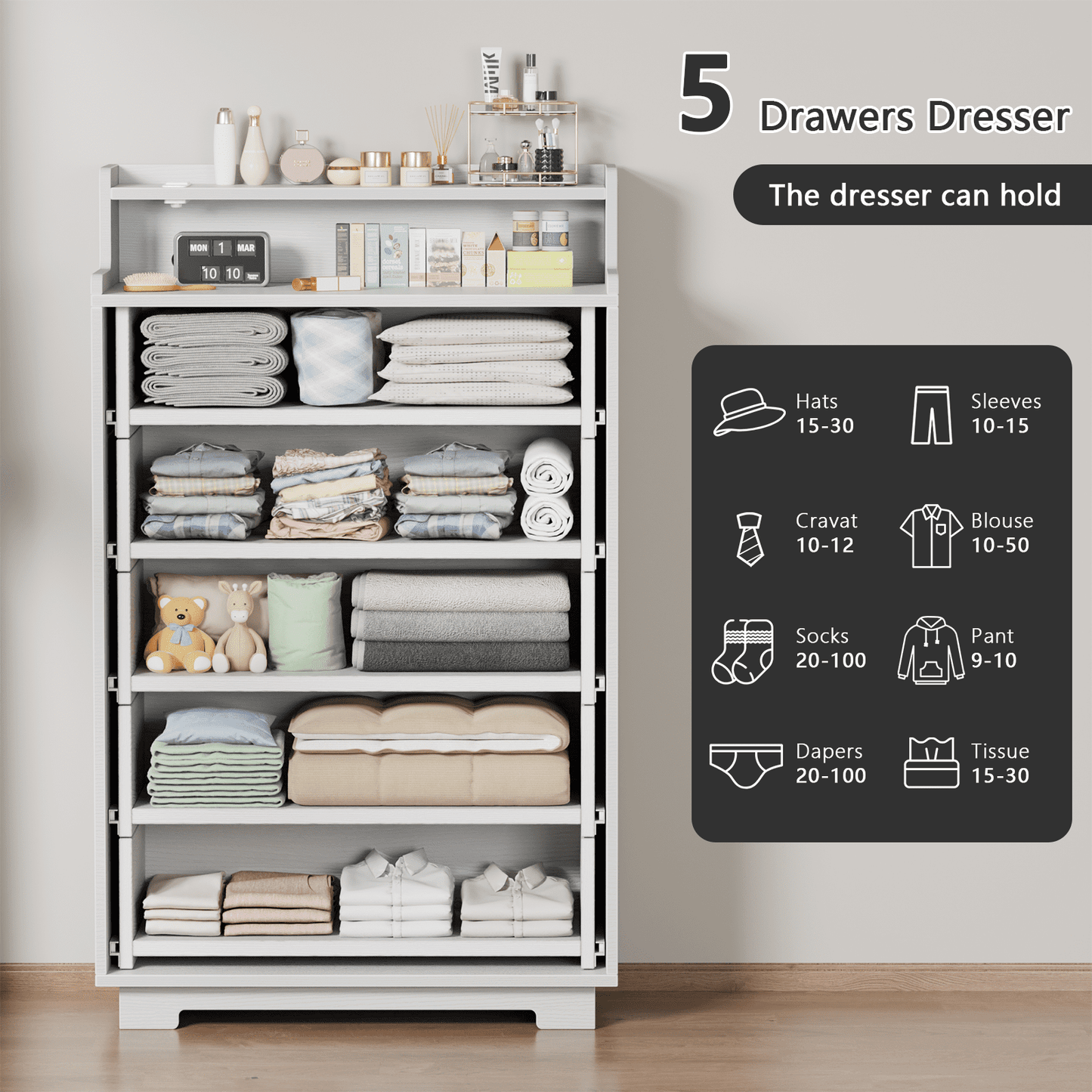 TYDIMOR Tall Dresser for Bedroom - 5 Large Wooden Drawers, White Chests of Drawers Organizer