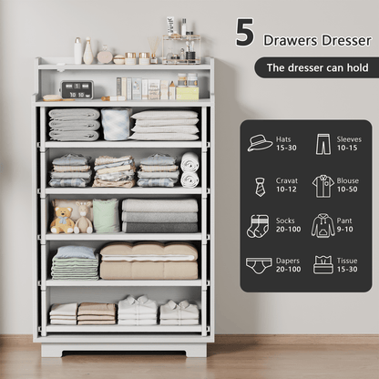 TYDIMOR Tall Dresser for Bedroom - 5 Large Wooden Drawers, White Chests of Drawers Organizer