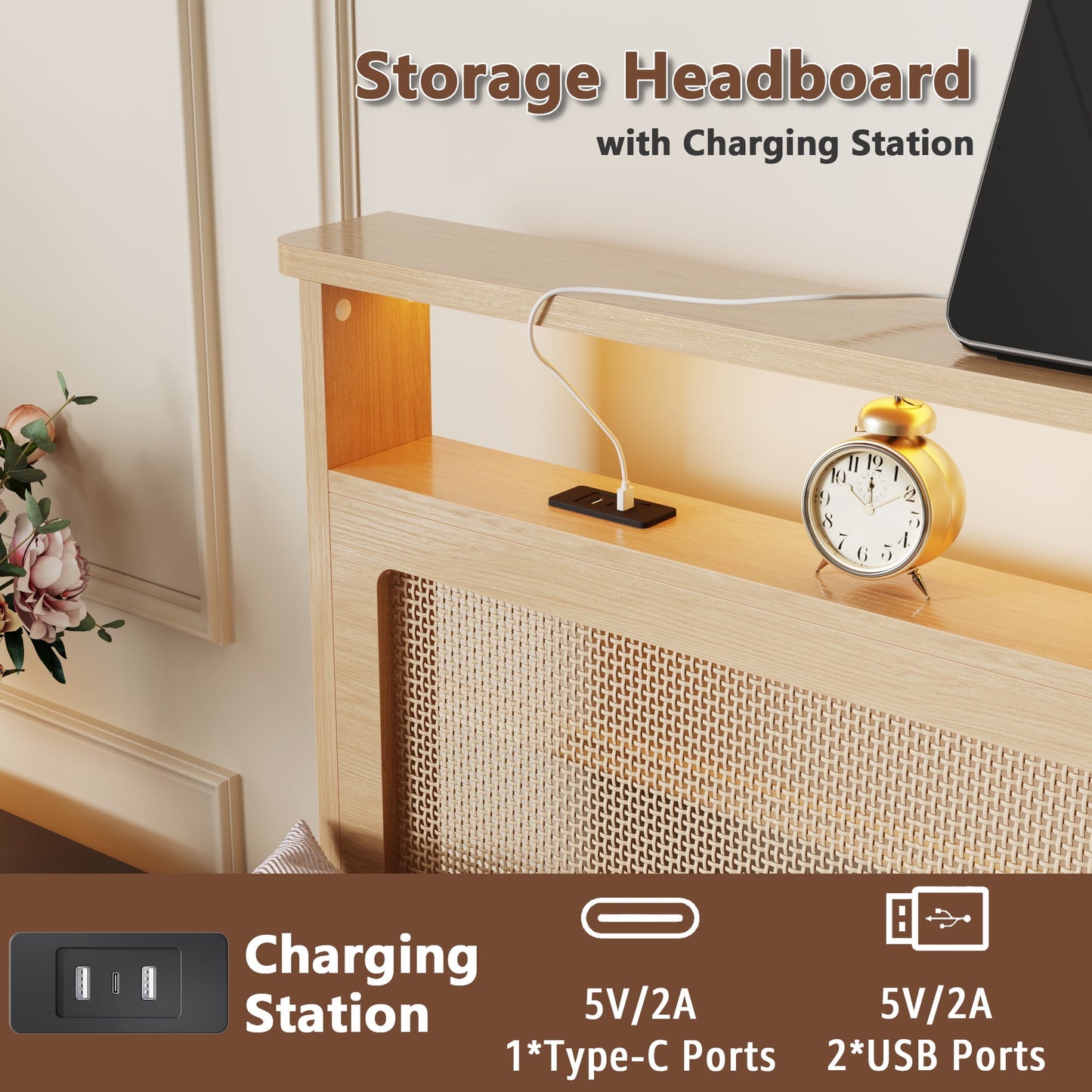 Tydimor Queen Bed Frame with Headboard & Bookcase Storage Shelf, Rattan Beds with Charging Station and LED Lights, No Box Spring Needed