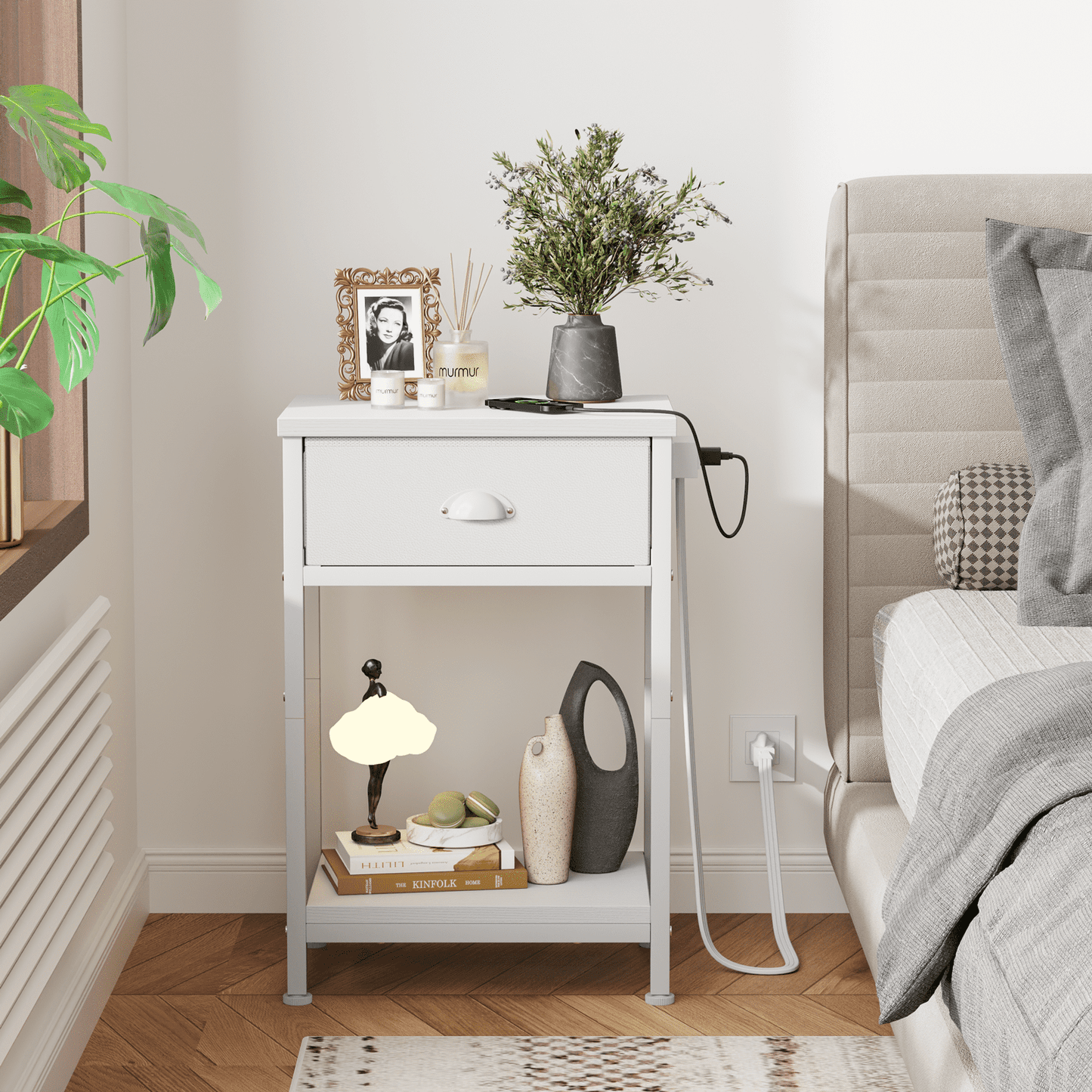 Satifur Set of 2 Nightstand with Charging Station for Bedroom,Side End Table with Outlets & USB Ports,White
