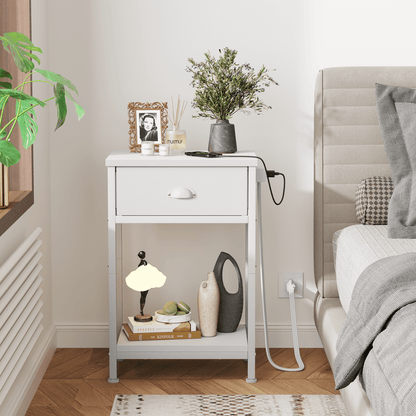 Satifur Set of 2 Nightstand with Charging Station for Bedroom,Side End Table with Outlets & USB Ports,White