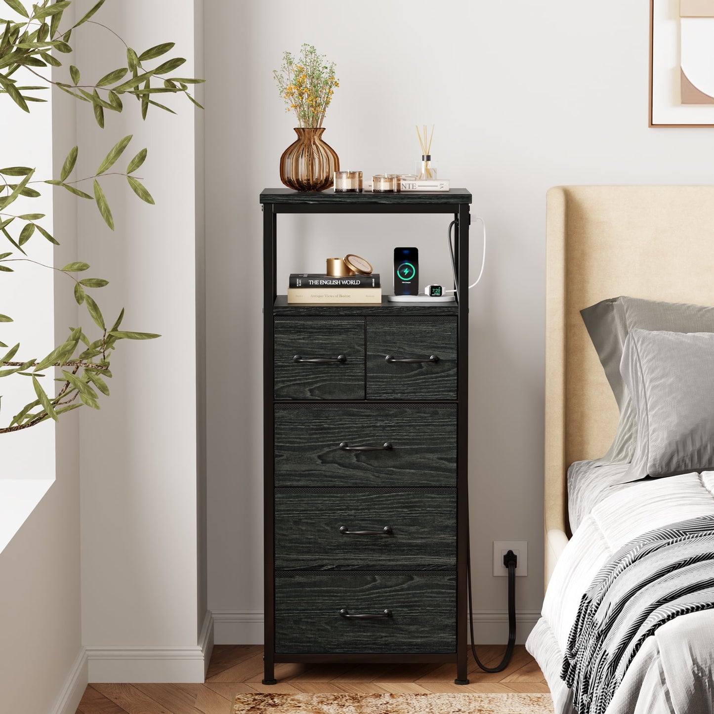 TYDIMOR Small Dresser for Bedroom, 5 Drawer with Charging Station, Black, Ideal for Adults