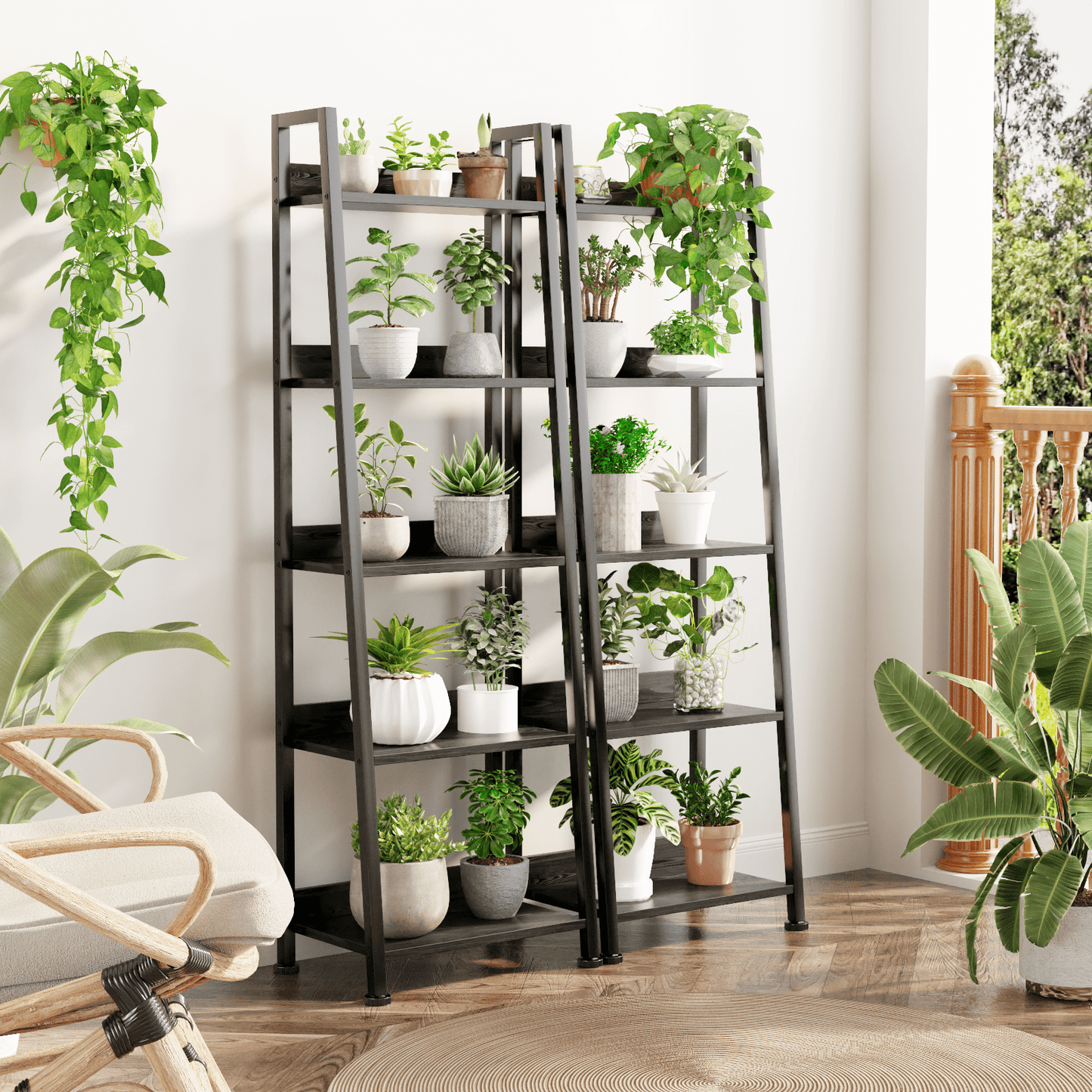 Tydimor 5-Tier Ladder Bookshelf With Drawer, Leaning Bookcase Storage Display Shelf, Black Oak