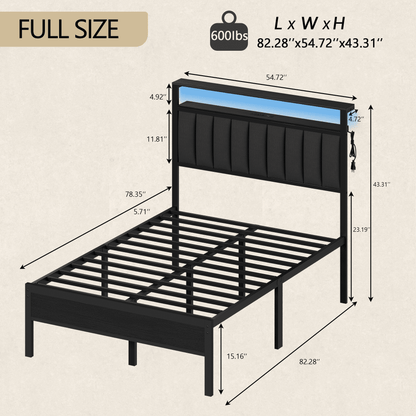 Hexmn Electric Full Size Platforrm Bed Frames with Charging Station, LED Standard Storage Space Bed for Bedroom, No Box Spring Needed