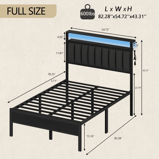 Hexmn Electric Full Size Platforrm Bed Frames with Charging Station, LED Standard Storage Space Bed for Bedroom, No Box Spring Needed