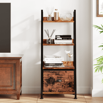 Tydimor 4-Tier Ladder Bookshelf With Drawer, Leaning Bookcase Storage Display Shelf,Rustic Brown