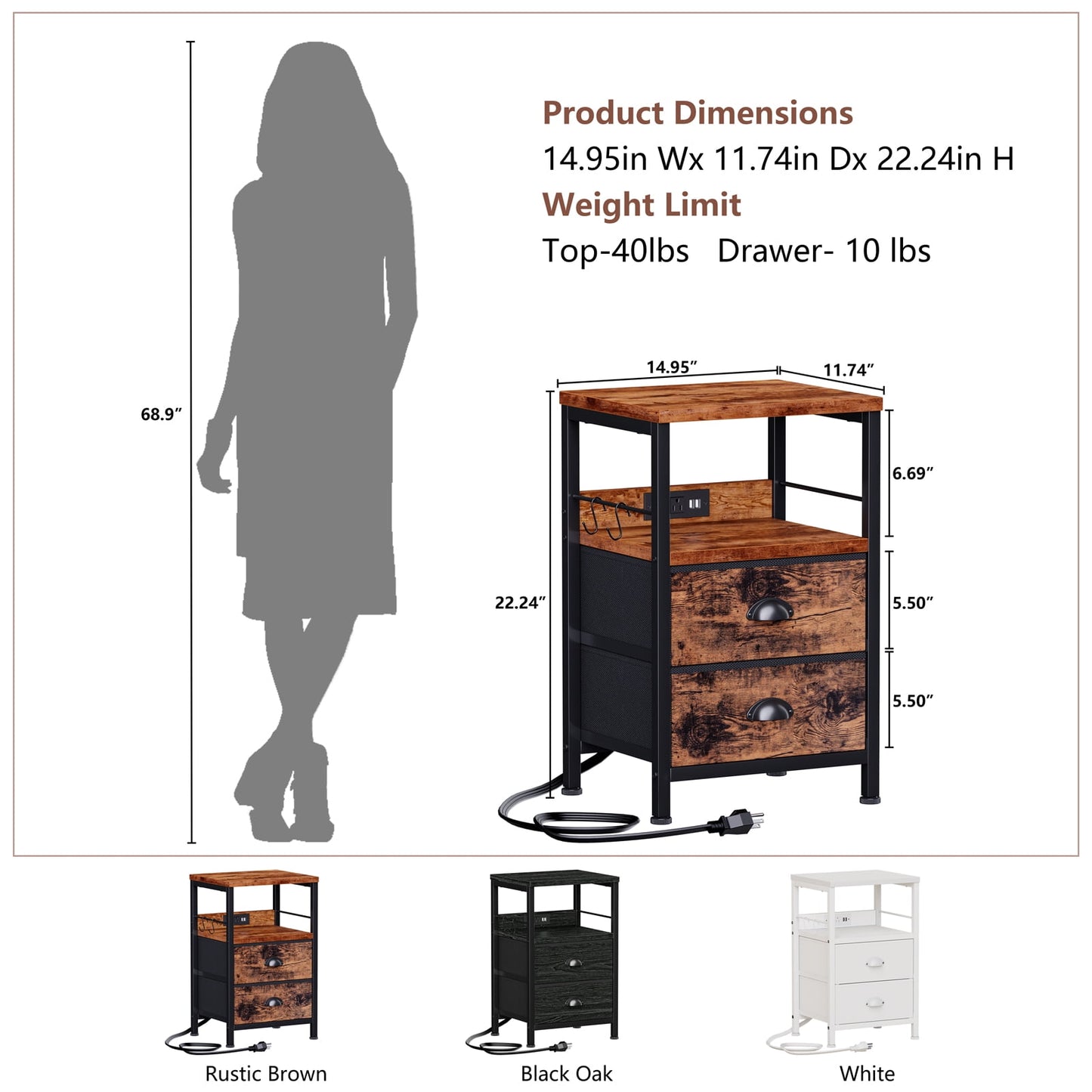 Satifur Nightstand with Charging Station, Bedside End Table with Fabric Drawers,Outlets & USB Ports, Rustic Brown,Set of 2