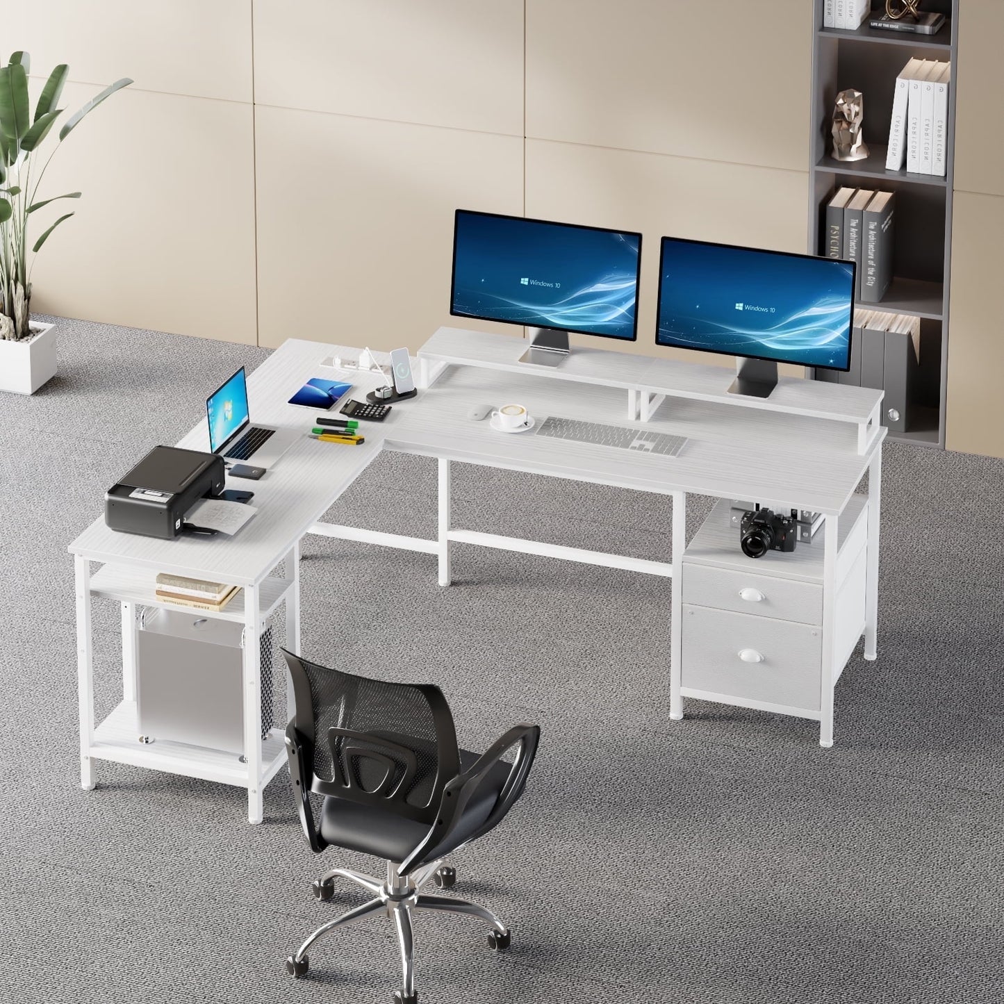 Hexmn L-Shaped Home Office Desk,Dual Monitor Stand & Ample Storage for All Your Needs