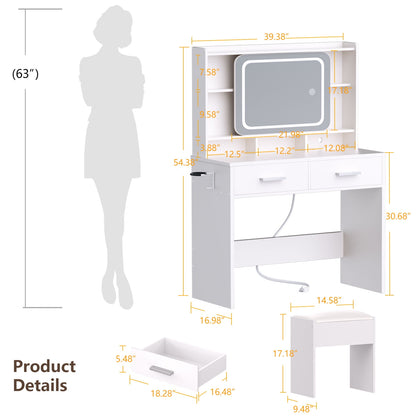 Satifur Vanity Set with Sliding Mirror & Lights, Women Dressing Table with Outlets, Makeup Vanity Desk with Drawers & Stool