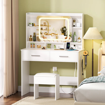 Tydimor Vanity Set with Sliding Mirror & Lights, Women Dressing Table with Outlets, Makeup Vanity Desk with Drawers & Stool