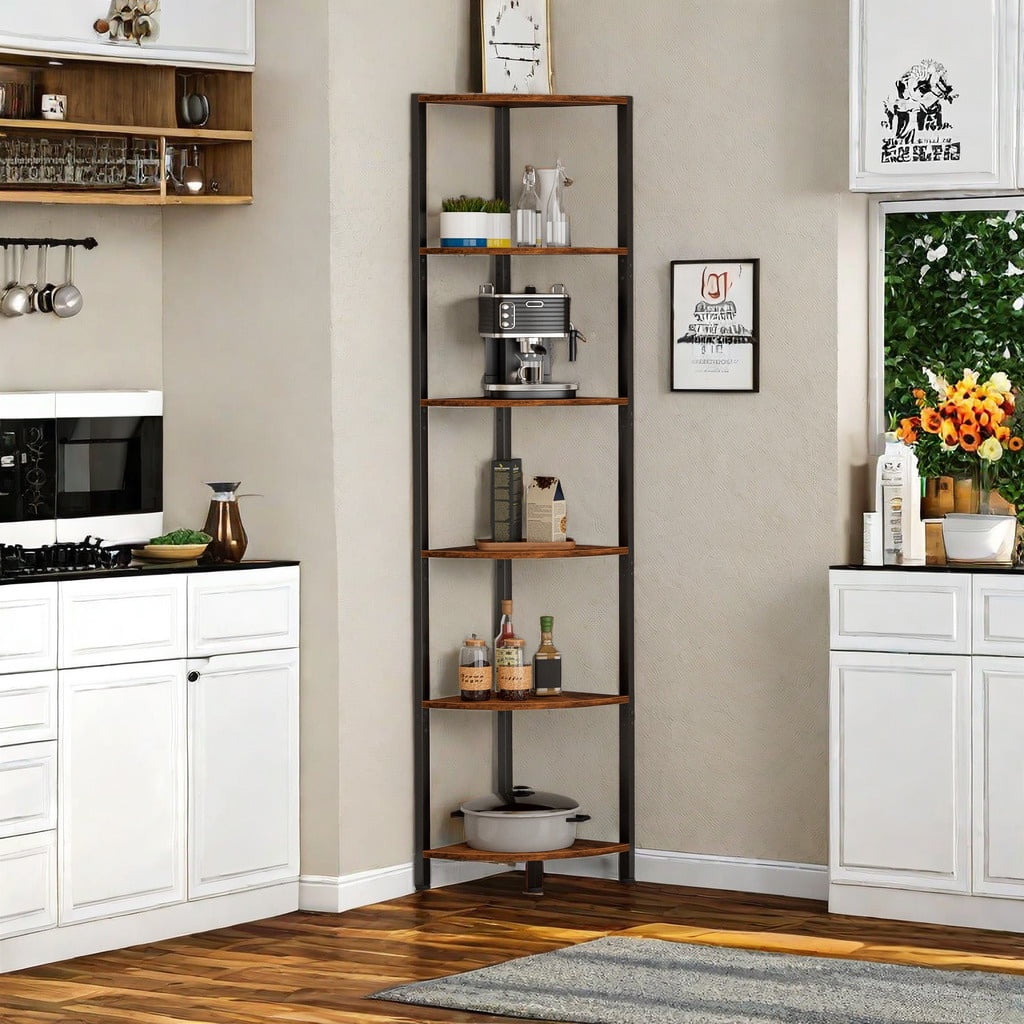 Satifur Corner Shelf Bookcase with LED Light Strip, 6-Tier Corner Bookshelf for Living Room,Bedroom,Kitchen,Rustic Brown