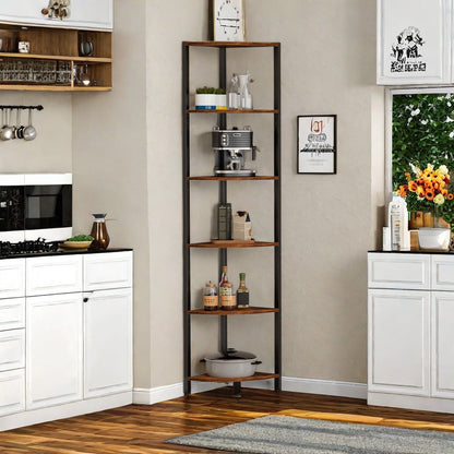 Satifur Corner Shelf Bookcase with LED Light Strip, 6-Tier Corner Bookshelf for Living Room,Bedroom,Kitchen,Rustic Brown