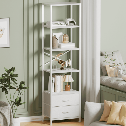 Satifur 5-Tier Bookshelf and Bookcase with 2 Removable Drawers, Narrow Display Shelf for Living Room, White