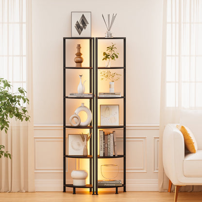 Satifur Corner Shelf Bookcase with LED Light Strip, 6-Tier Corner Bookshelf for Living Room, Bedroom
