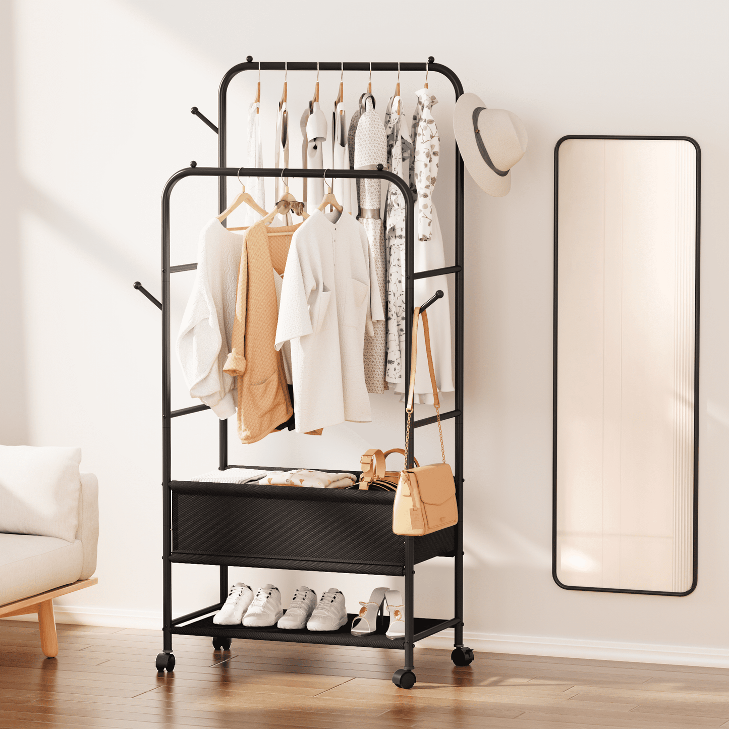 Satifur Double Rail Clothes Rack on Wheels, Heavy Duty Clothes Hanging Rack, Free Standing Garment Rack with Clothes Storage Bag, Black